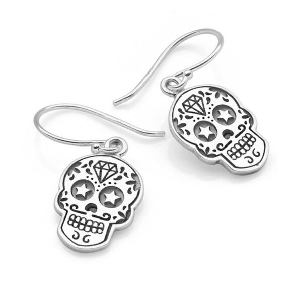 925 Sterling Silver Halloween Sugar Skull Earrings Day of the Dead Dangle NEW - Picture 1 of 9
